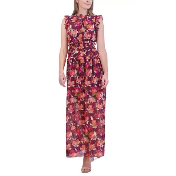 Vince Camuto Ruffled Floral Chiffon Maxi Dress Wine Multi Size 8 NWT 168$‎